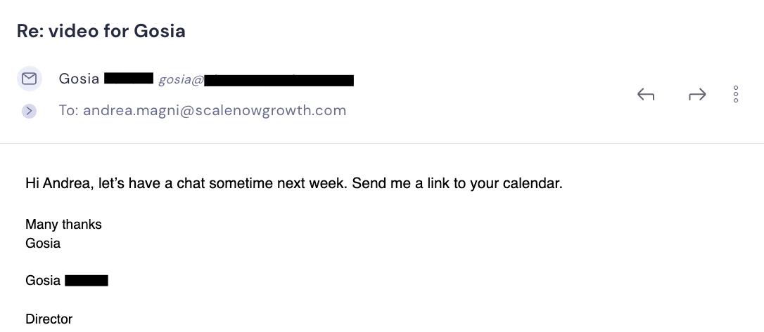 Email reply from a prospect asking for a link to the calendar