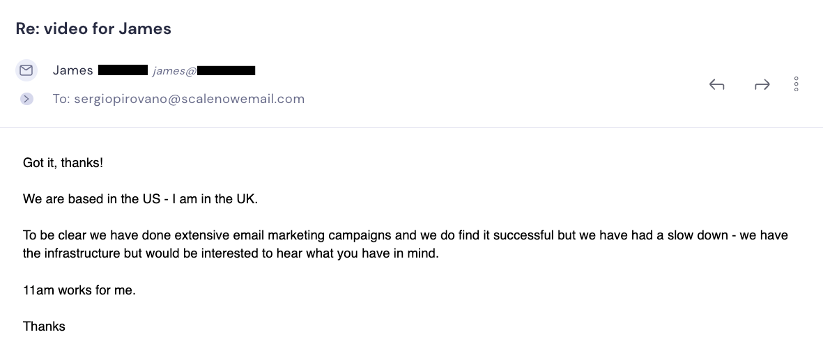 Email reply from a prospect interested to hear more and picking a time