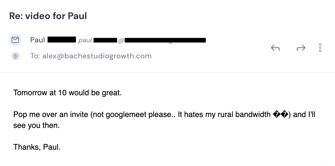 Email reply from a prospect confirming a time and asking for a calendar invite