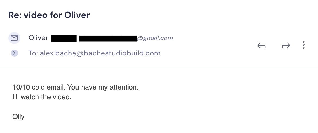 Email reply from a prospect calling it a 10/10 cold email