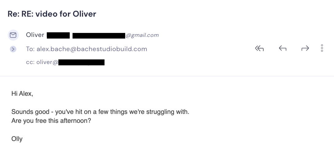 Email reply from a prospect saying the video hit on things they struggle with and asking to talk the same afternoon