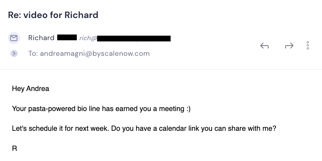 Email reply from a prospect saying the bio line earned a meeting and asking for a calendar link